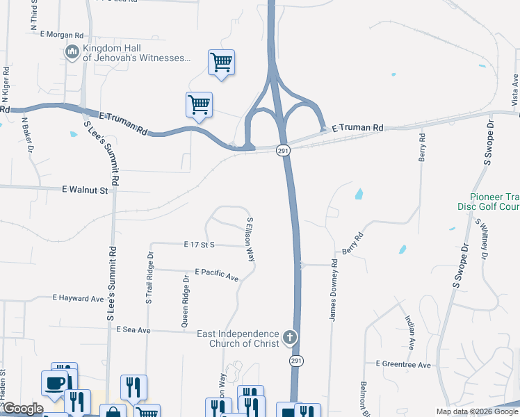 map of restaurants, bars, coffee shops, grocery stores, and more near 16410 East 15th Street South in Independence