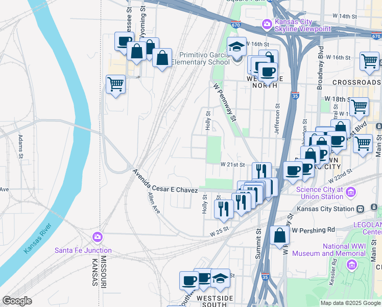 map of restaurants, bars, coffee shops, grocery stores, and more near 1213 West 20th Terrace in Kansas City