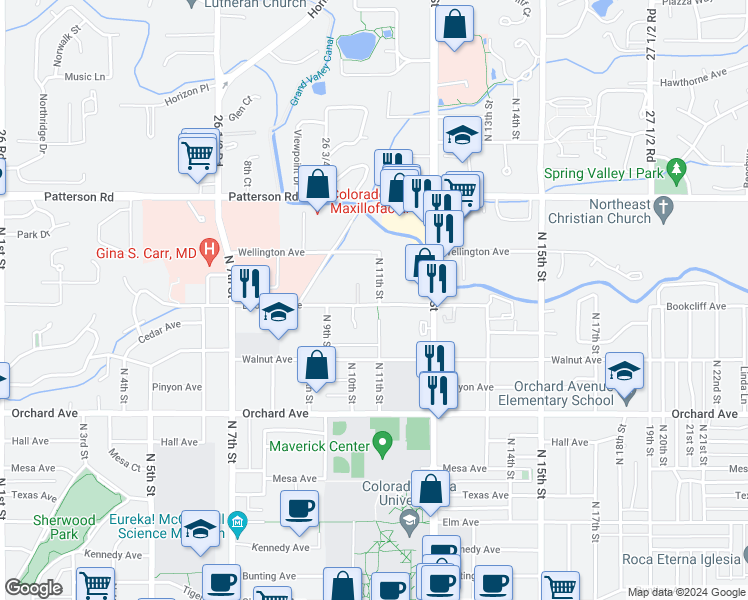 map of restaurants, bars, coffee shops, grocery stores, and more near 1040 Bookcliff Avenue in Grand Junction