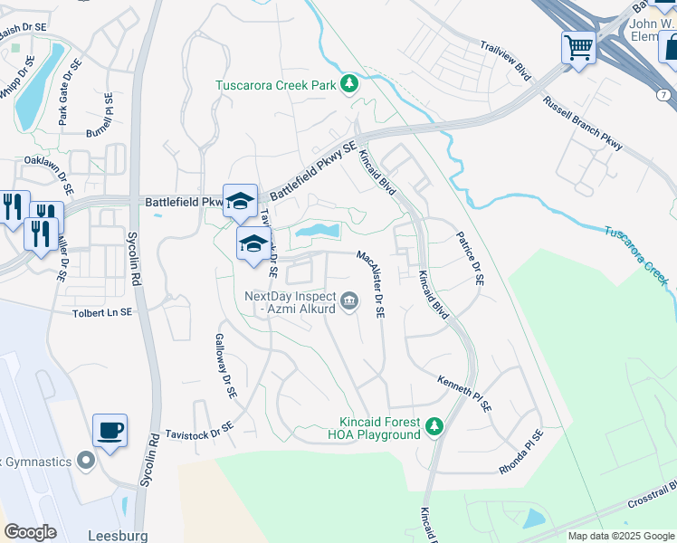 map of restaurants, bars, coffee shops, grocery stores, and more near 704 Seaton Court Southeast in Leesburg