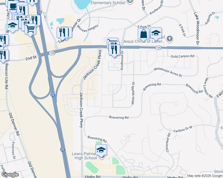 map of restaurants, bars, coffee shops, grocery stores, and more near 17624 Quarry Way in Monument