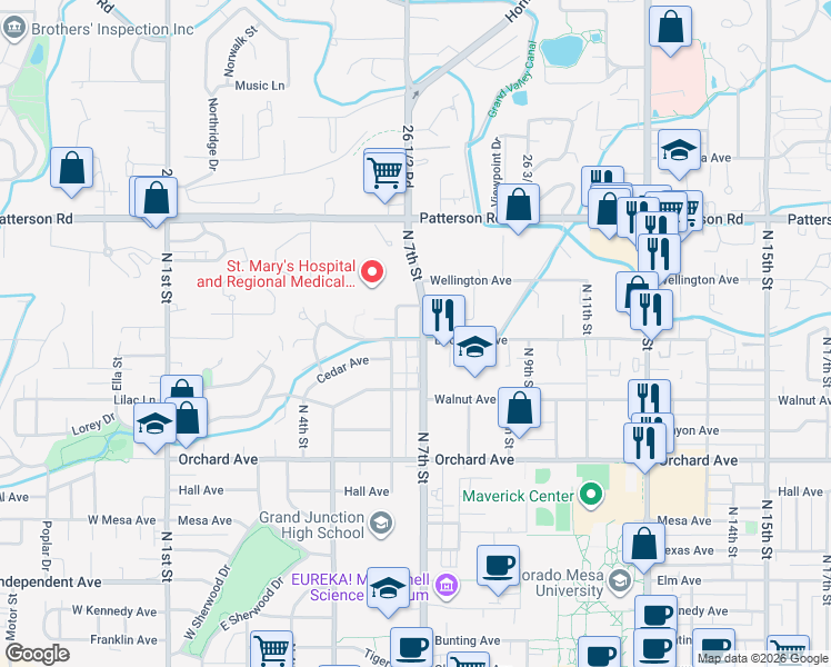 map of restaurants, bars, coffee shops, grocery stores, and more near 2305 North 7th Street in Grand Junction