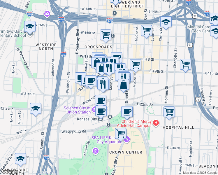 map of restaurants, bars, coffee shops, grocery stores, and more near 2016 Main Street in Kansas City