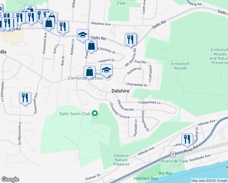 map of restaurants, bars, coffee shops, grocery stores, and more near in Delshire