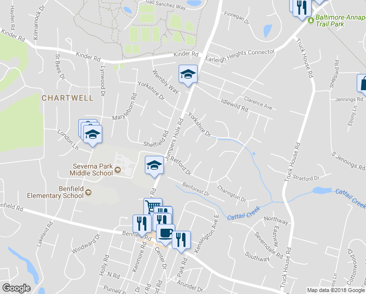 map of restaurants, bars, coffee shops, grocery stores, and more near 501 Narborough Court in Severna Park