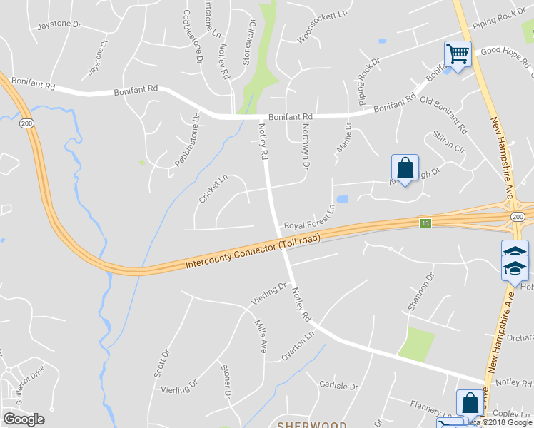 map of restaurants, bars, coffee shops, grocery stores, and more near 14204 Notley Rd in Silver Spring