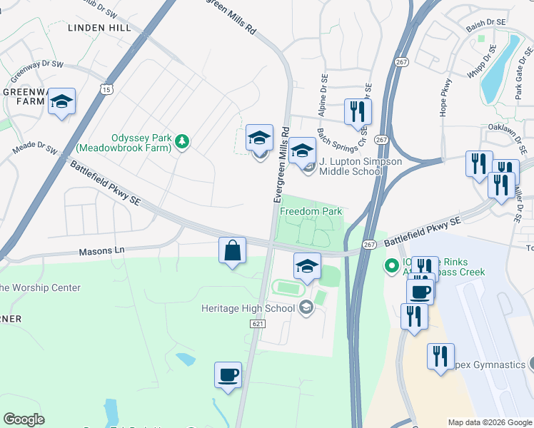 map of restaurants, bars, coffee shops, grocery stores, and more near 505 Evergreen Mills Road in Leesburg