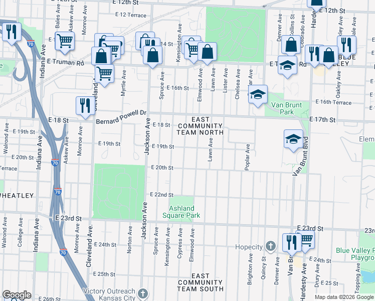 map of restaurants, bars, coffee shops, grocery stores, and more near 4505 East 19th Street in Kansas City