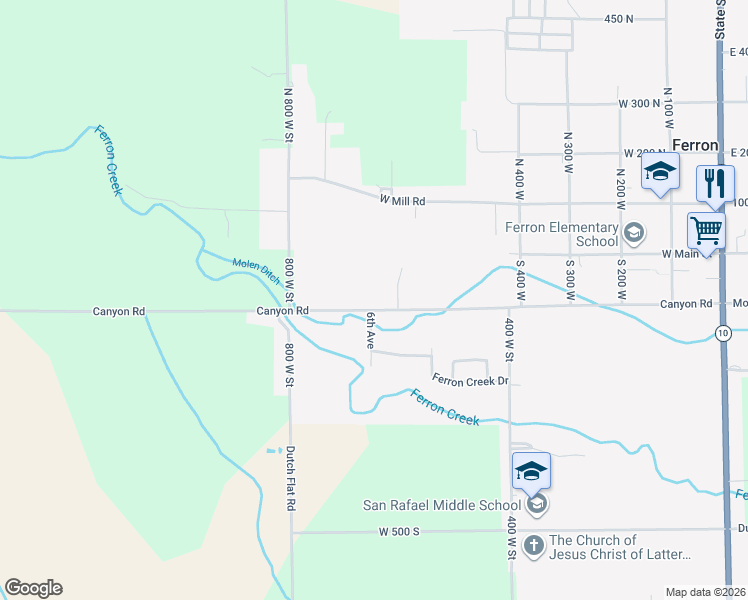 map of restaurants, bars, coffee shops, grocery stores, and more near 650 100 South in Ferron