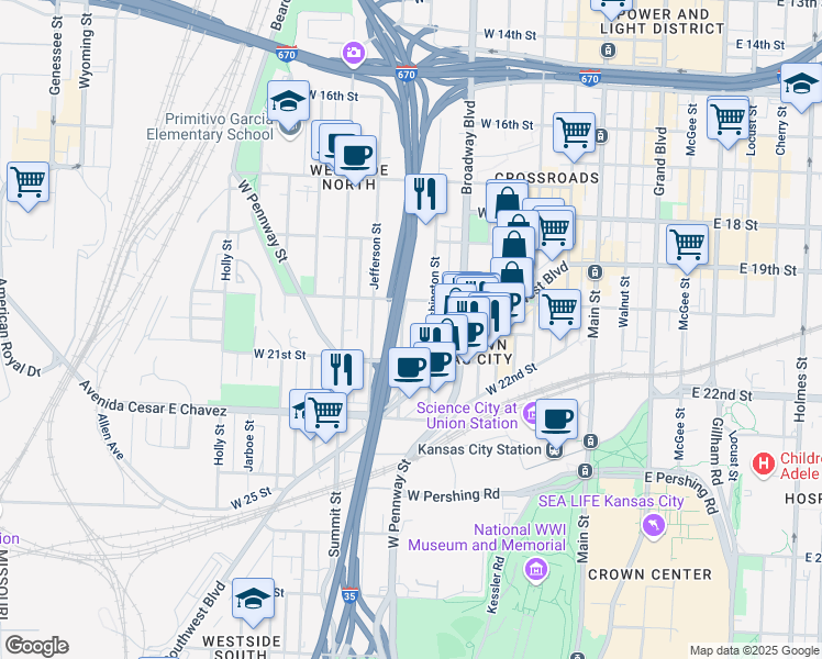 map of restaurants, bars, coffee shops, grocery stores, and more near 2021 West Pennsylvania Avenue in Kansas City