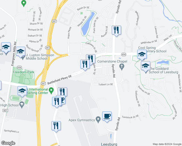 map of restaurants, bars, coffee shops, grocery stores, and more near 206 Kellys Ford Plaza Southeast in Leesburg