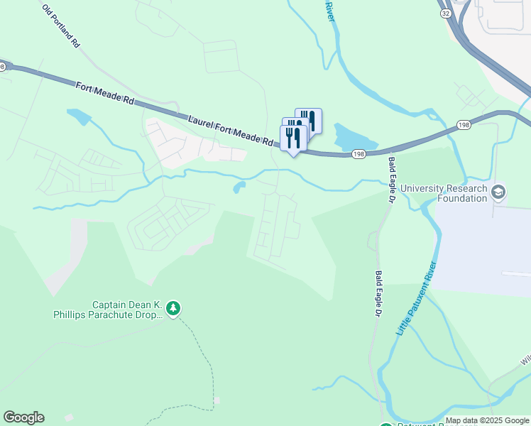 map of restaurants, bars, coffee shops, grocery stores, and more near 3301 Streamlet Lane in Laurel