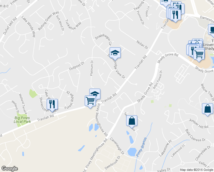 map of restaurants, bars, coffee shops, grocery stores, and more near 14205 Floral Park Drive in North Potomac