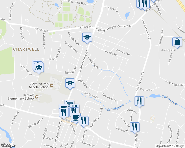 map of restaurants, bars, coffee shops, grocery stores, and more near 495 Derby Court in Severna Park