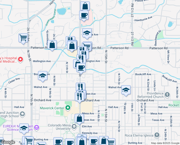 map of restaurants, bars, coffee shops, grocery stores, and more near 1262 Bookcliff Avenue in Grand Junction