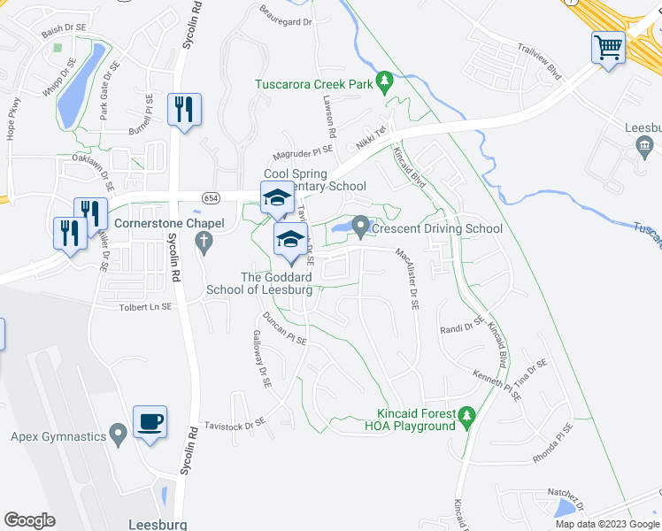 map of restaurants, bars, coffee shops, grocery stores, and more near 606 Springhouse Square Southeast in Leesburg