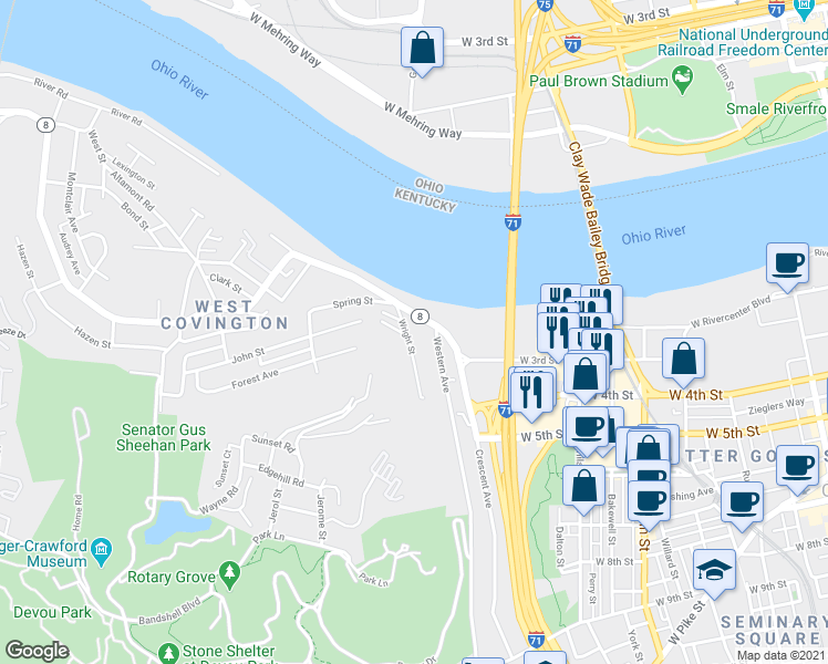map of restaurants, bars, coffee shops, grocery stores, and more near 214 Wright Street in Covington