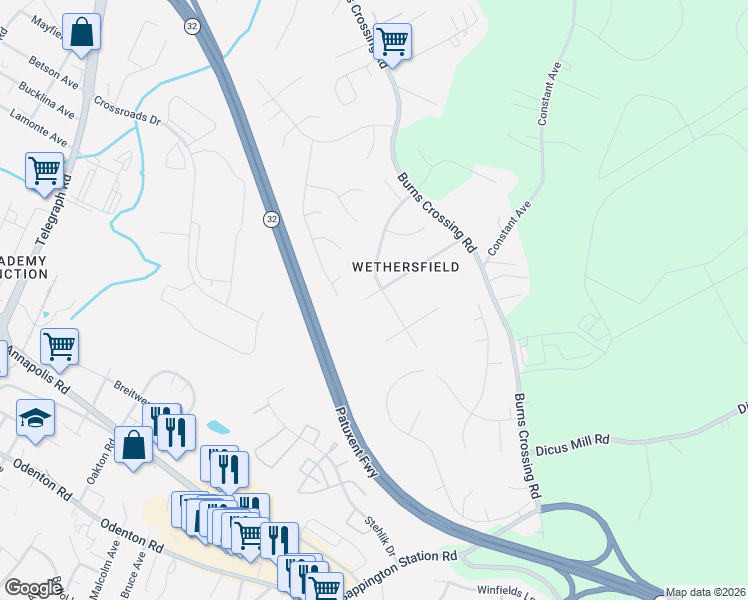 map of restaurants, bars, coffee shops, grocery stores, and more near 1503 King Philip Circle in Severn