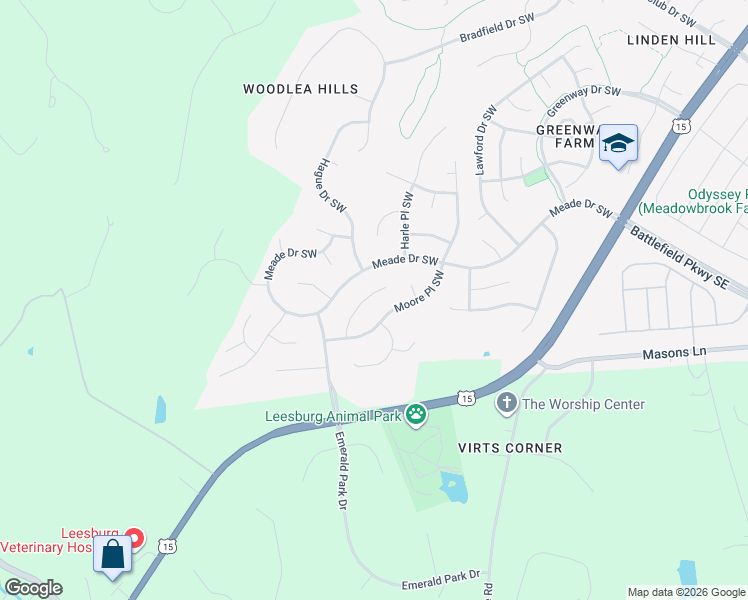 map of restaurants, bars, coffee shops, grocery stores, and more near 411 Lacey Court Southwest in Leesburg