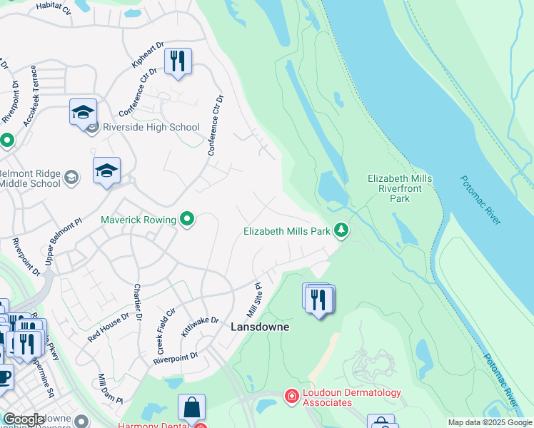 map of restaurants, bars, coffee shops, grocery stores, and more near 43981 Indian Fields Court in Leesburg
