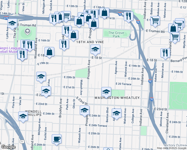 map of restaurants, bars, coffee shops, grocery stores, and more near 1922 Montgall Avenue in Kansas City