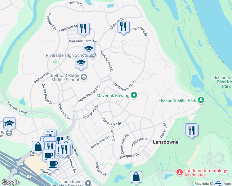 map of restaurants, bars, coffee shops, grocery stores, and more near 19060 Grouse Terrace in Leesburg