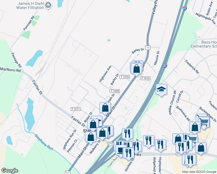 map of restaurants, bars, coffee shops, grocery stores, and more near 1006 Bell Air Street in Stephens City