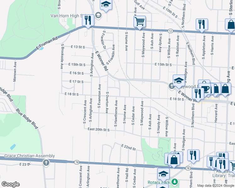 map of restaurants, bars, coffee shops, grocery stores, and more near 1730 Hawthorne Court in Independence