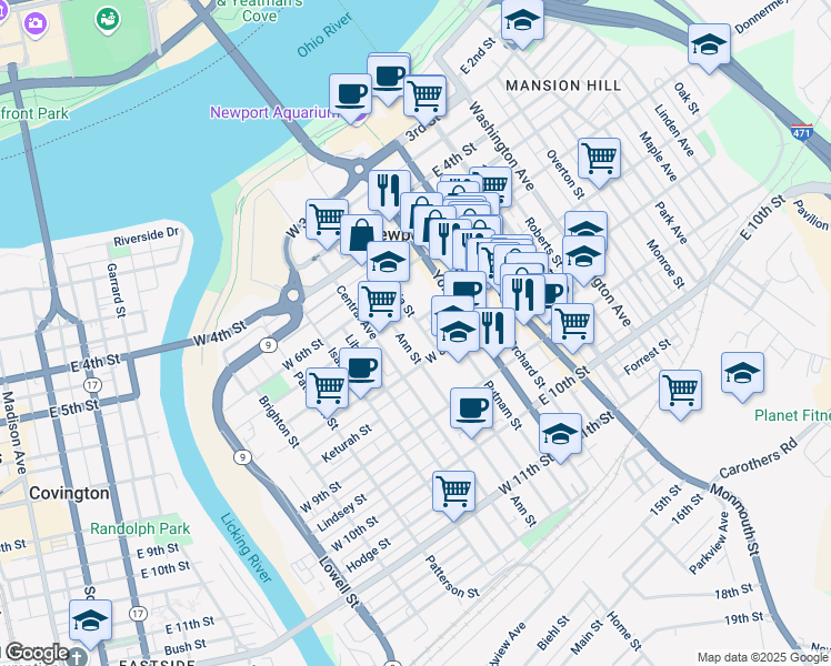 map of restaurants, bars, coffee shops, grocery stores, and more near 722 Columbia Street in Newport