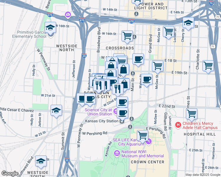 map of restaurants, bars, coffee shops, grocery stores, and more near 214 West 21st Street in Kansas City