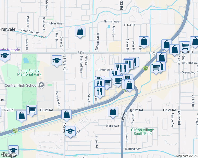 map of restaurants, bars, coffee shops, grocery stores, and more near 576 31 3/4 Road in Grand Junction