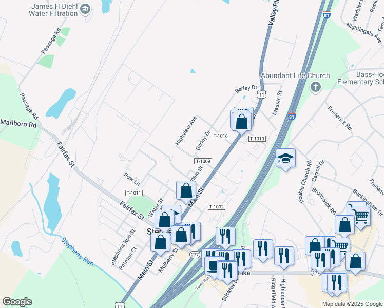 map of restaurants, bars, coffee shops, grocery stores, and more near 1006 Bell Air Street in Stephens City