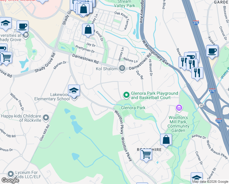 map of restaurants, bars, coffee shops, grocery stores, and more near 6 Balmoral Court in Rockville