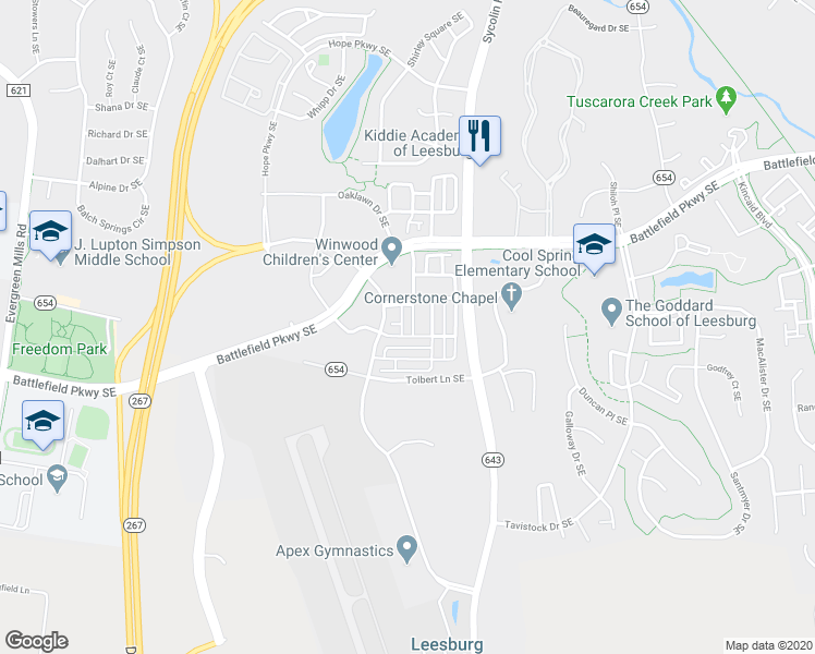 map of restaurants, bars, coffee shops, grocery stores, and more near 429 Virginia Wildflower Terrace Southeast in Leesburg