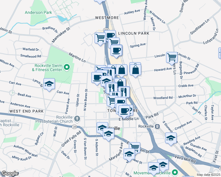 map of restaurants, bars, coffee shops, grocery stores, and more near 285 North Washington Street in Rockville