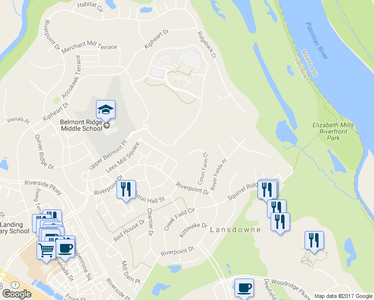 map of restaurants, bars, coffee shops, grocery stores, and more near 19022 Coton Farm Court in Leesburg