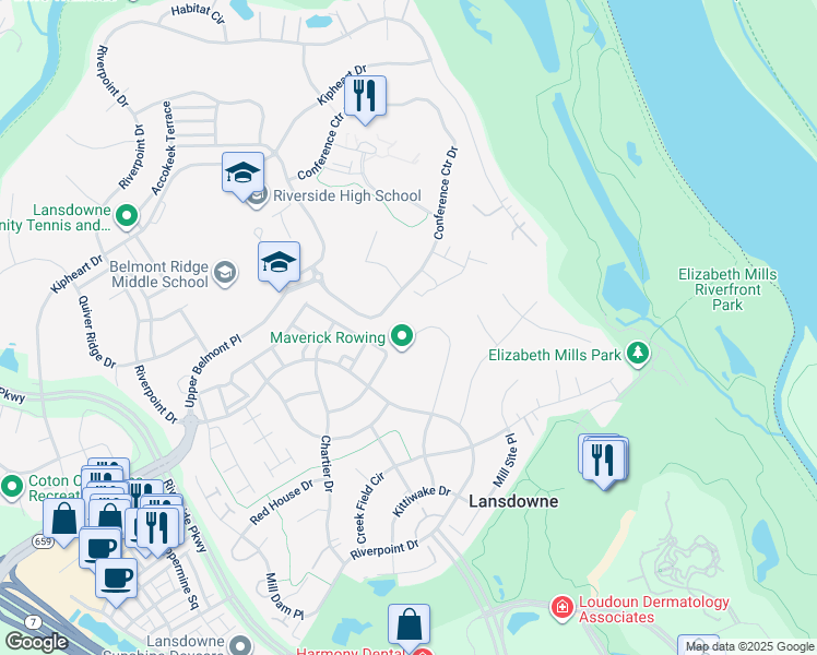 map of restaurants, bars, coffee shops, grocery stores, and more near 19022 Coton Farm Court in Leesburg