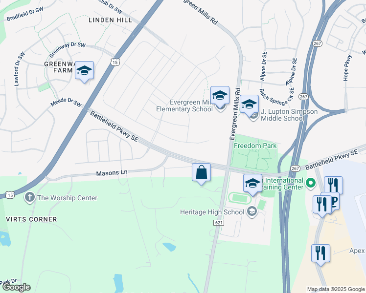 map of restaurants, bars, coffee shops, grocery stores, and more near 1212 Athena Drive Southeast in Leesburg