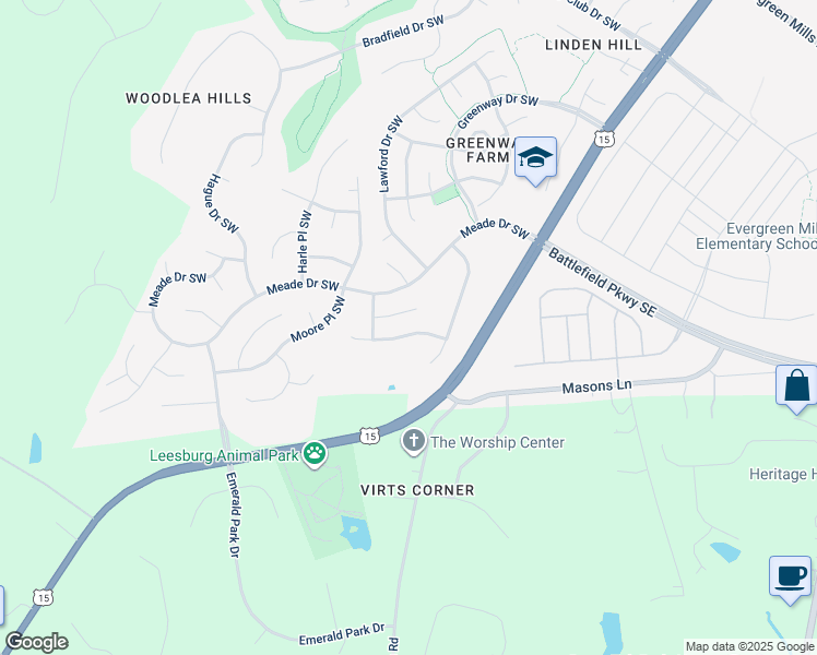 map of restaurants, bars, coffee shops, grocery stores, and more near 106 Cedargrove Place Southwest in Leesburg