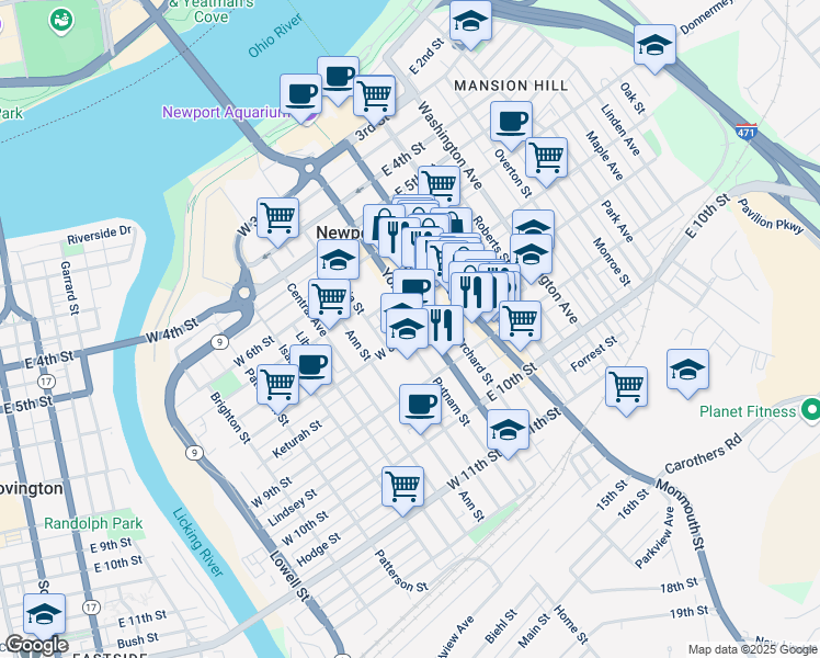 map of restaurants, bars, coffee shops, grocery stores, and more near 15 West 8th Street in Newport