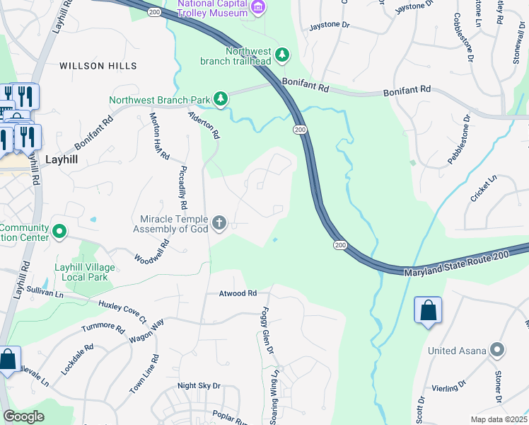 map of restaurants, bars, coffee shops, grocery stores, and more near 1343 Alderton Lane in Silver Spring