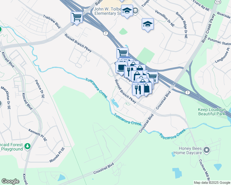 map of restaurants, bars, coffee shops, grocery stores, and more near 1611 River Sandstone Terrace SouthEast in Leesburg