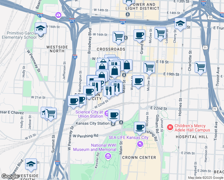 map of restaurants, bars, coffee shops, grocery stores, and more near 2017 Wyandotte Street in Kansas City