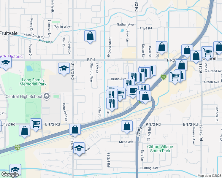 map of restaurants, bars, coffee shops, grocery stores, and more near 576 31 3/4 Road in Grand Junction