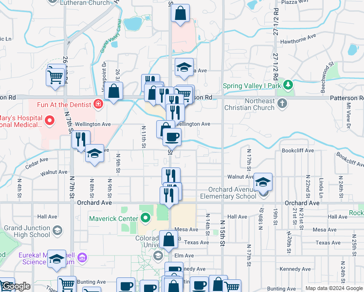 map of restaurants, bars, coffee shops, grocery stores, and more near 1212 Bookcliff Avenue in Grand Junction