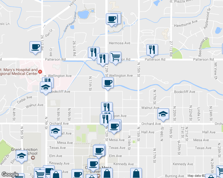 map of restaurants, bars, coffee shops, grocery stores, and more near 1212 Bookcliff Avenue in Grand Junction
