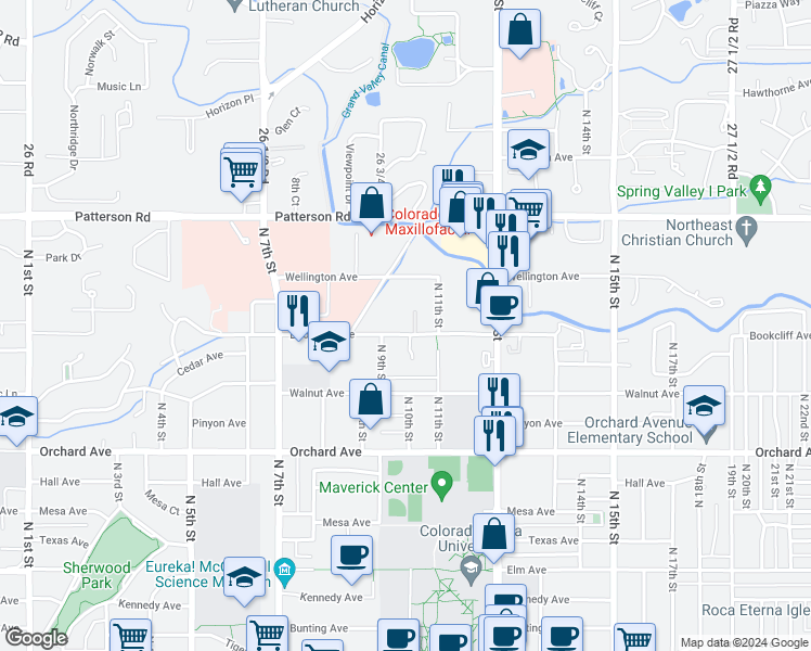 map of restaurants, bars, coffee shops, grocery stores, and more near 850 Bookcliff Avenue in Grand Junction
