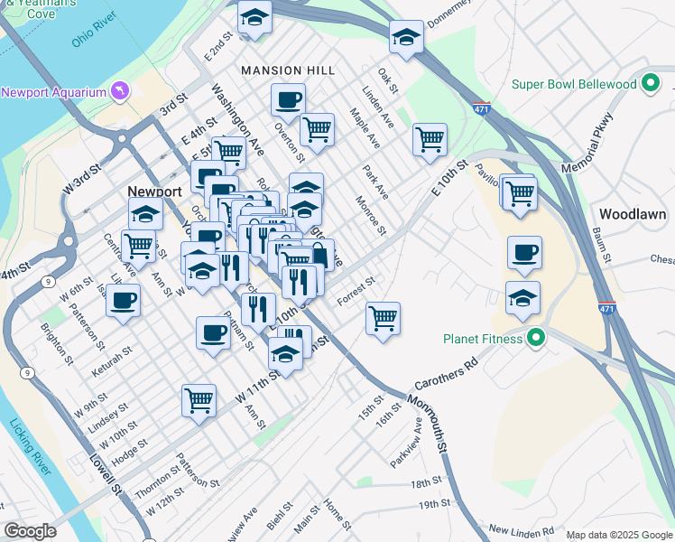 map of restaurants, bars, coffee shops, grocery stores, and more near 933 Roberts Street in Newport