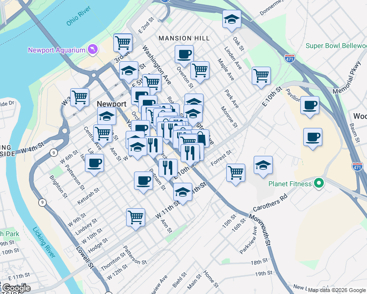 map of restaurants, bars, coffee shops, grocery stores, and more near 912 Saratoga Street in Newport