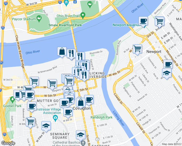 map of restaurants, bars, coffee shops, grocery stores, and more near 309 Garrard Street in Covington